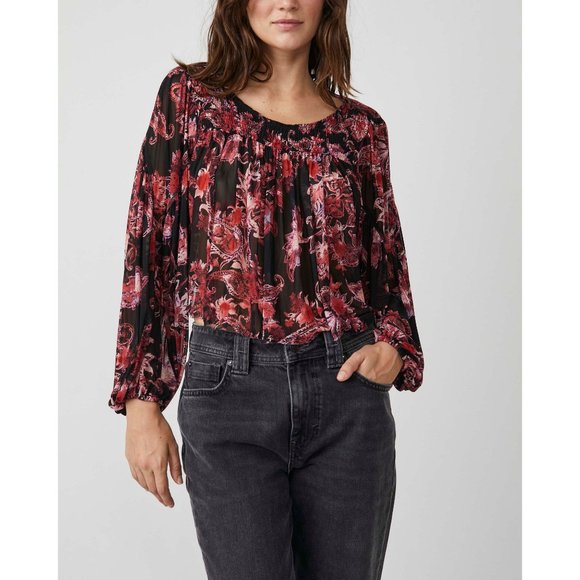 Free People Black and Red Floral Blouse - Picture 1 of 5